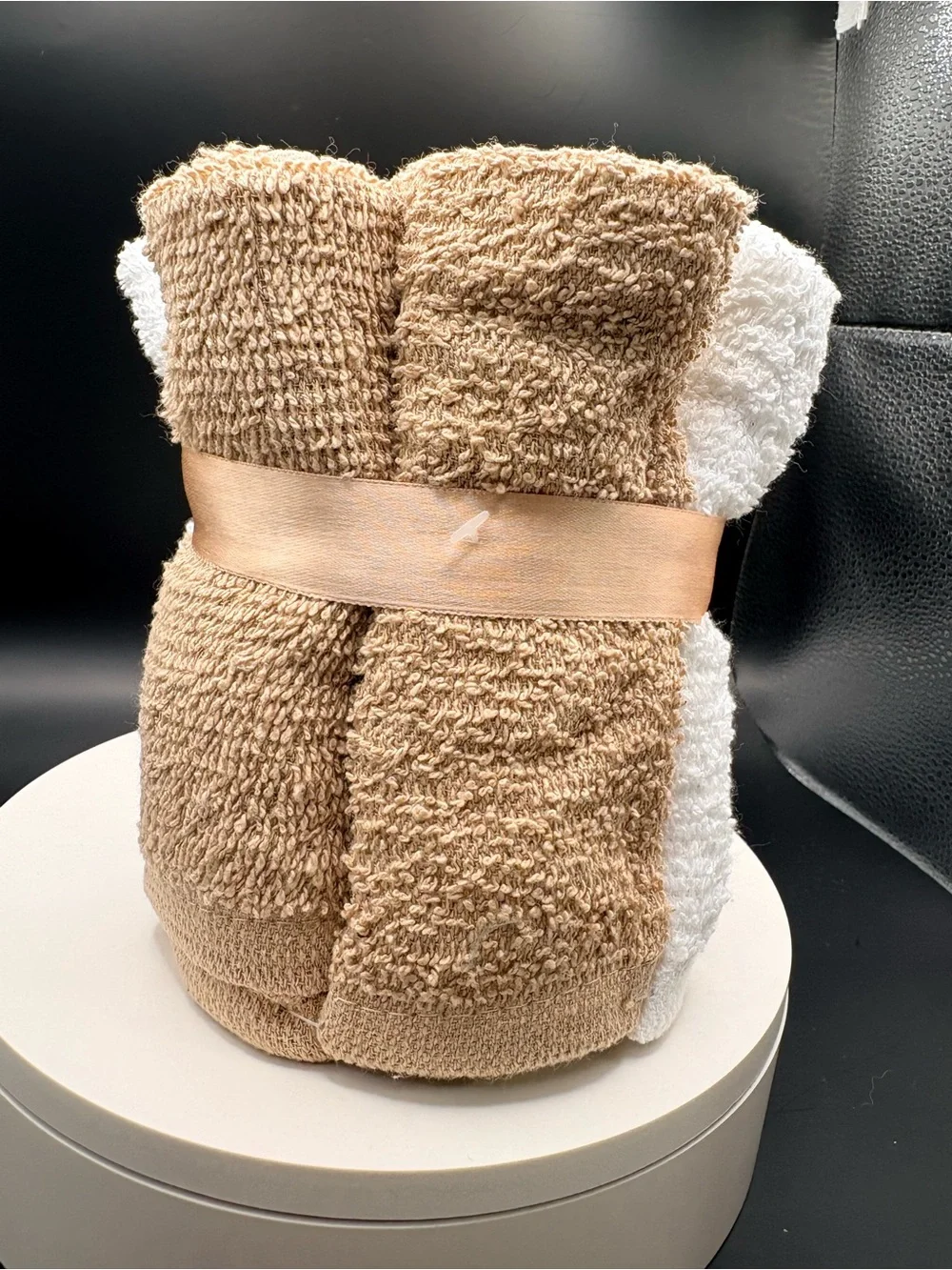 Plush Rolled Towel Set in White and Tan FOR GUESTS ALSO